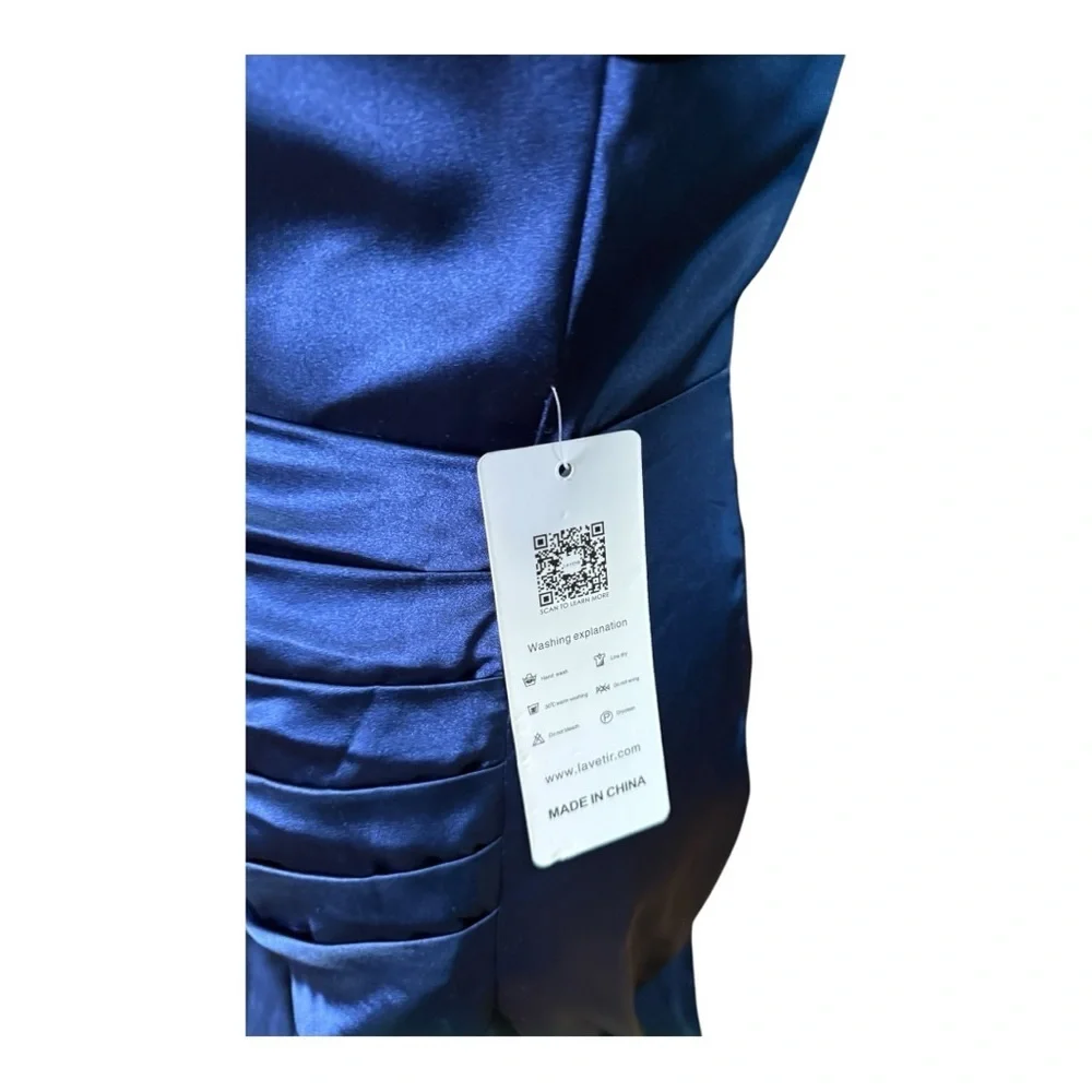 Lavetir Navy Blue Satin Evening Gown NWT Off Shoulder Formal Dress Ball - Picture 4 of 8